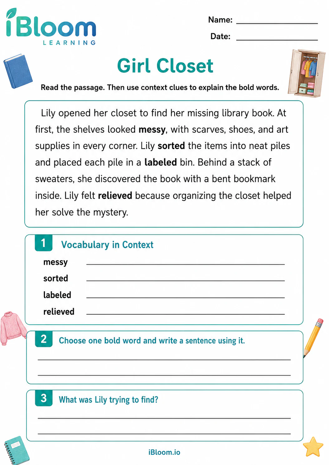 Preview page 1 of Girl Closet — Preview and Vocabulary