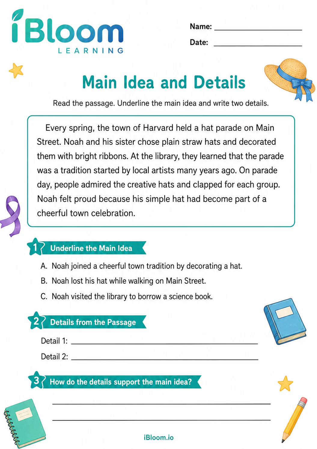 Preview page 1 of Hats In Harvard — Main Idea and Details