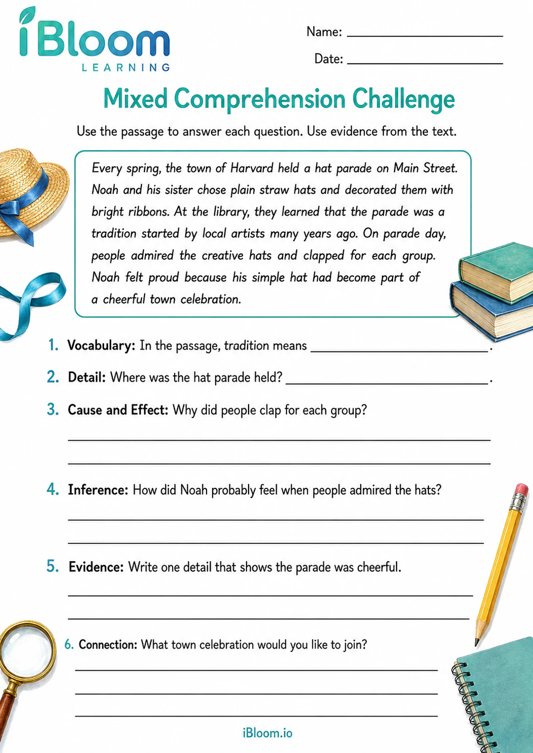 Preview page 1 of Hats In Harvard — Mixed Comprehension Challenge