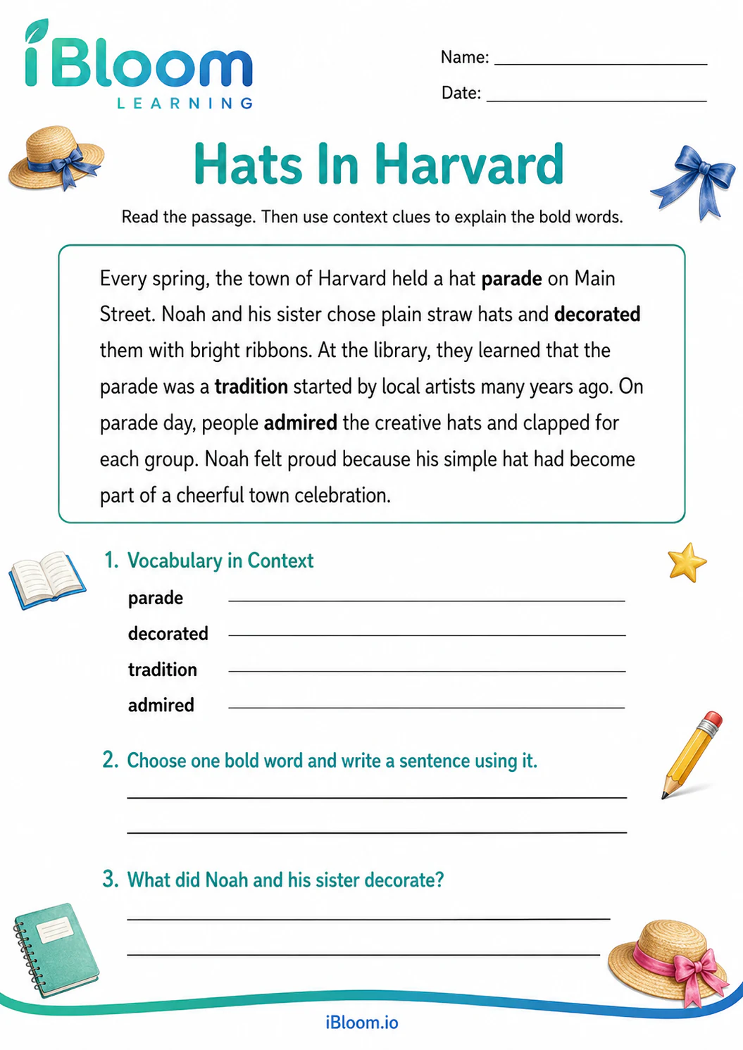 Preview page 1 of Hats In Harvard — Preview and Vocabulary