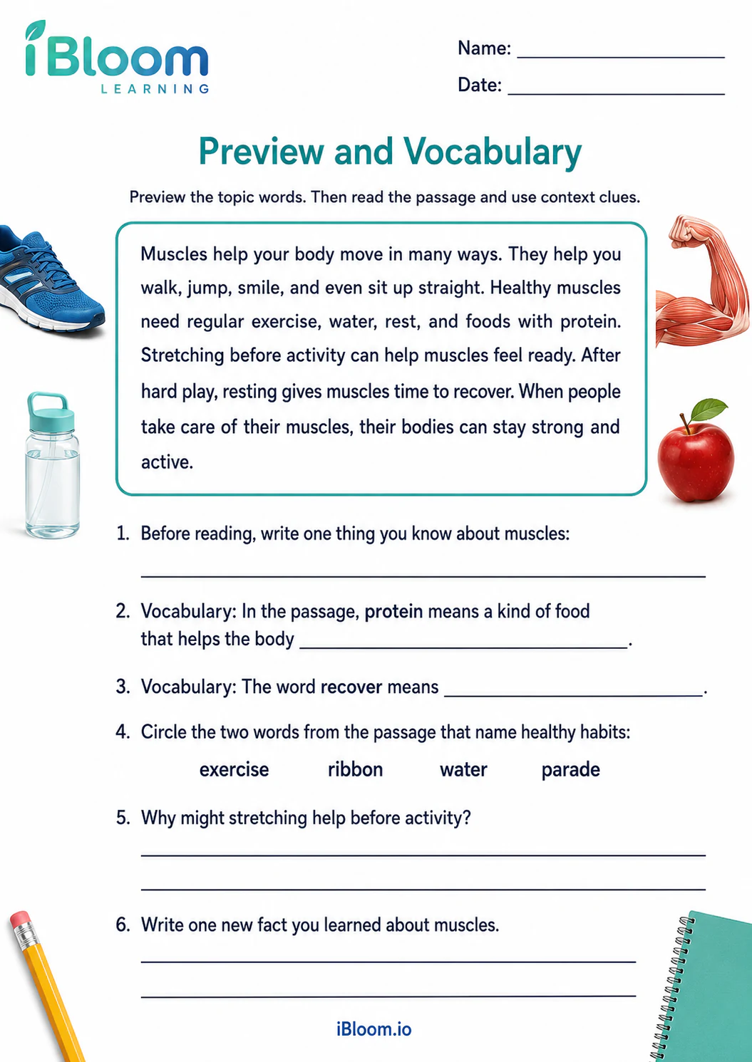 Preview page 1 of Healthy Muscles Matter — Preview and Vocabulary