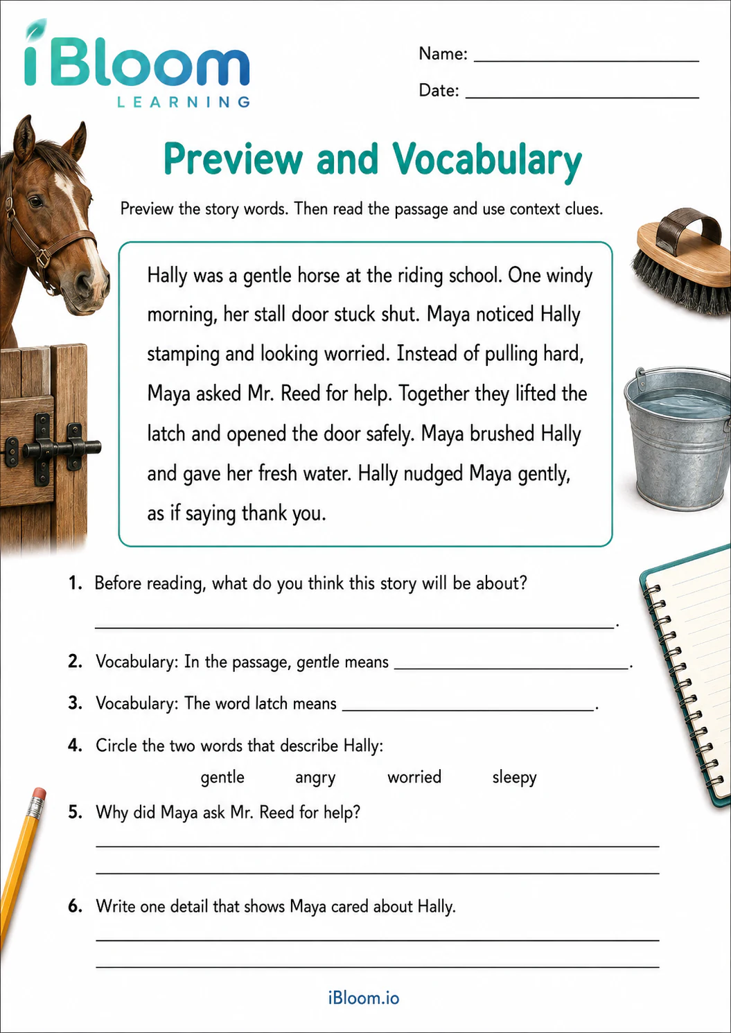 Preview page 1 of Helping Hally — Preview and Vocabulary