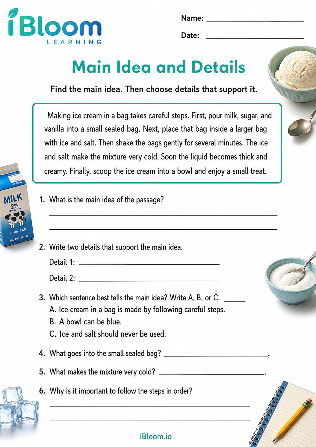 Preview page 1 of How To Make Ice Cream — Main Idea and Details