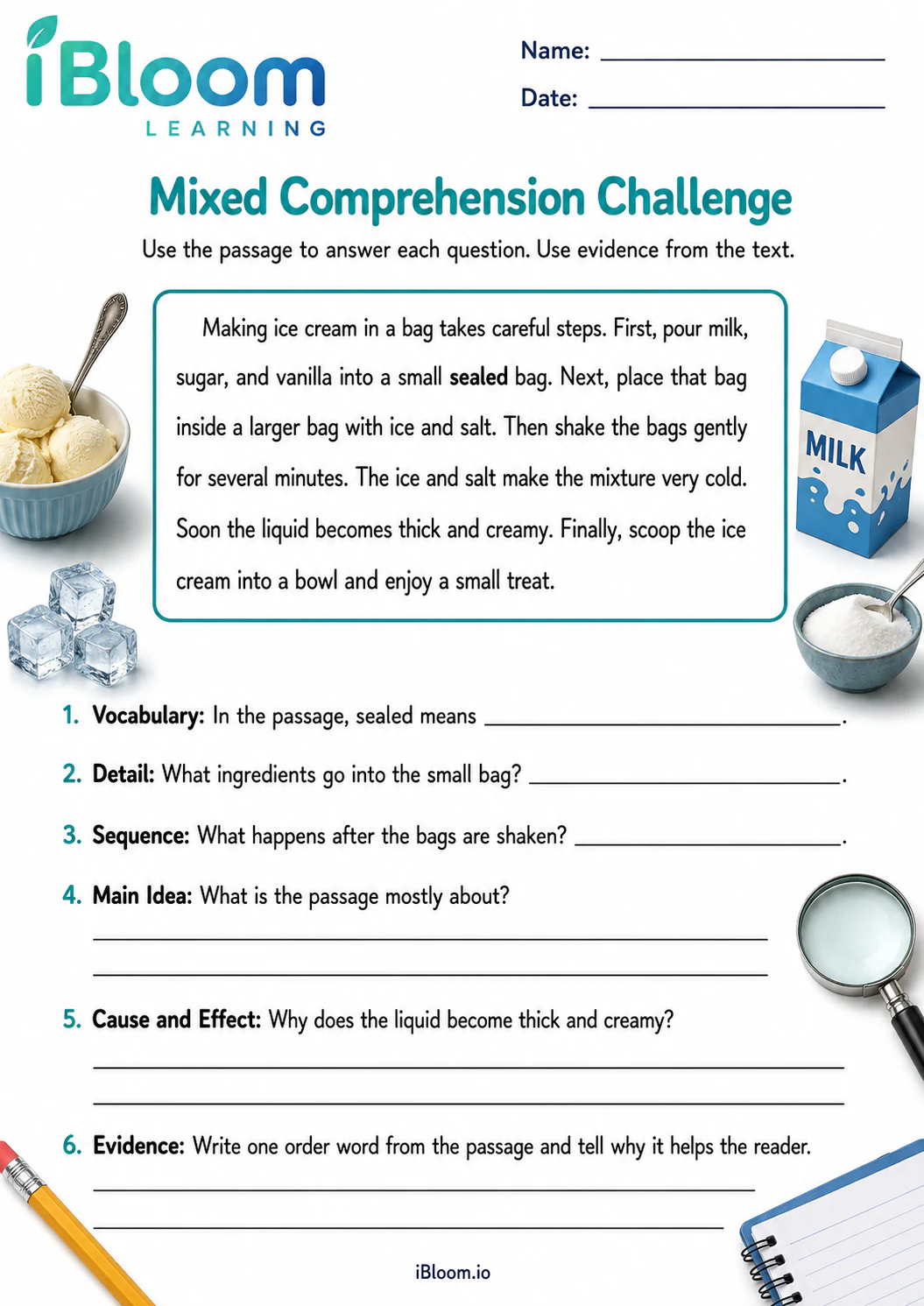 Preview page 1 of How To Make Ice Cream — Mixed Comprehension Challenge