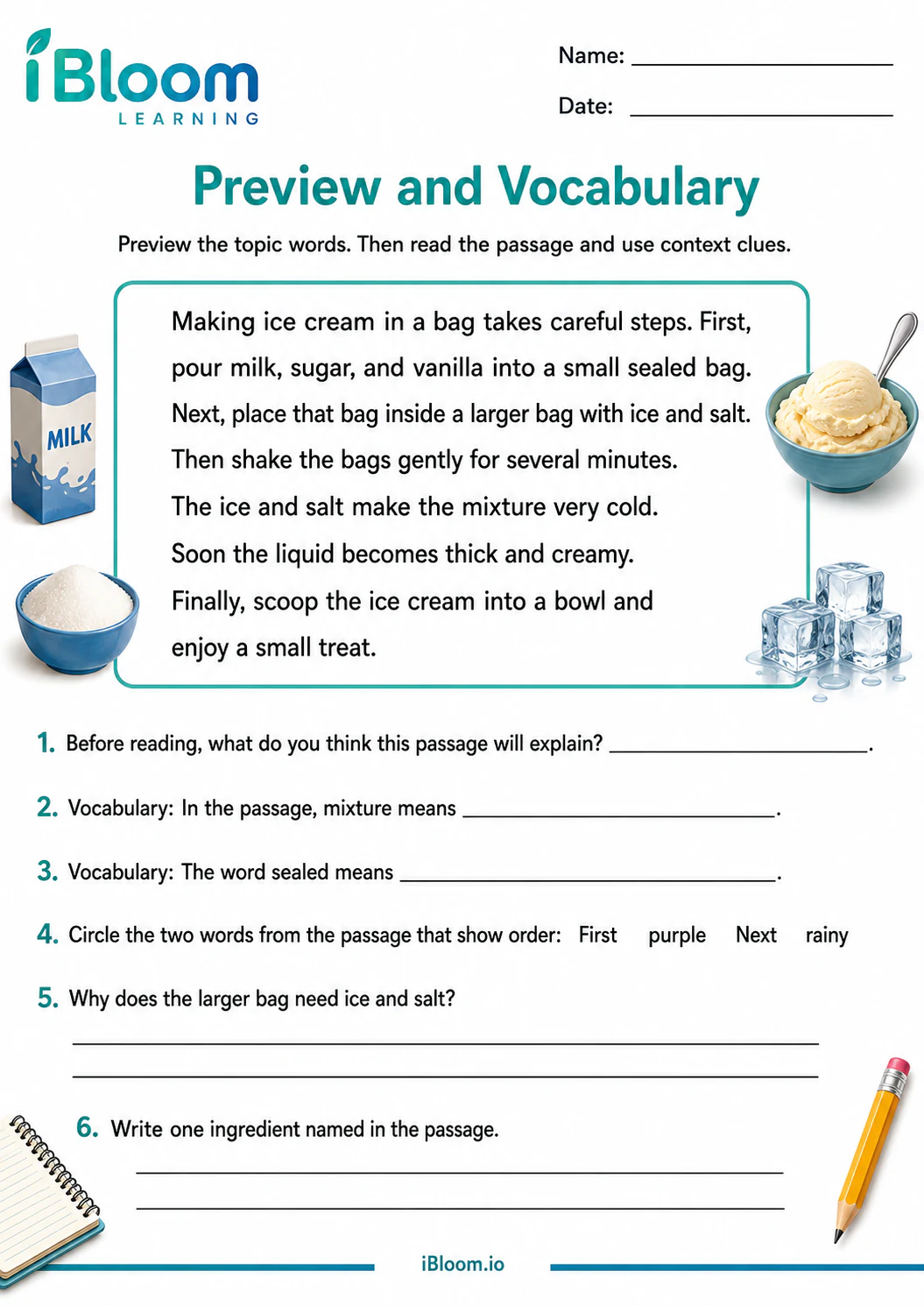 Preview page 1 of How To Make Ice Cream — Preview and Vocabulary