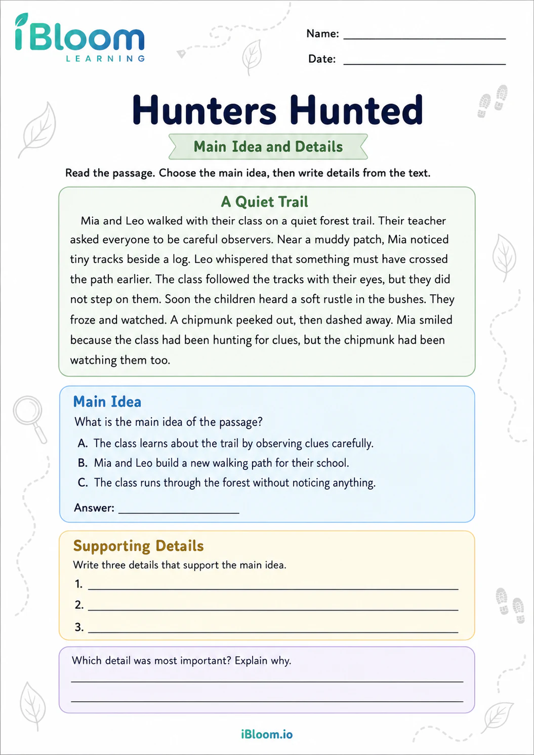 Preview page 1 of Hunters Hunted — Main Idea and Details