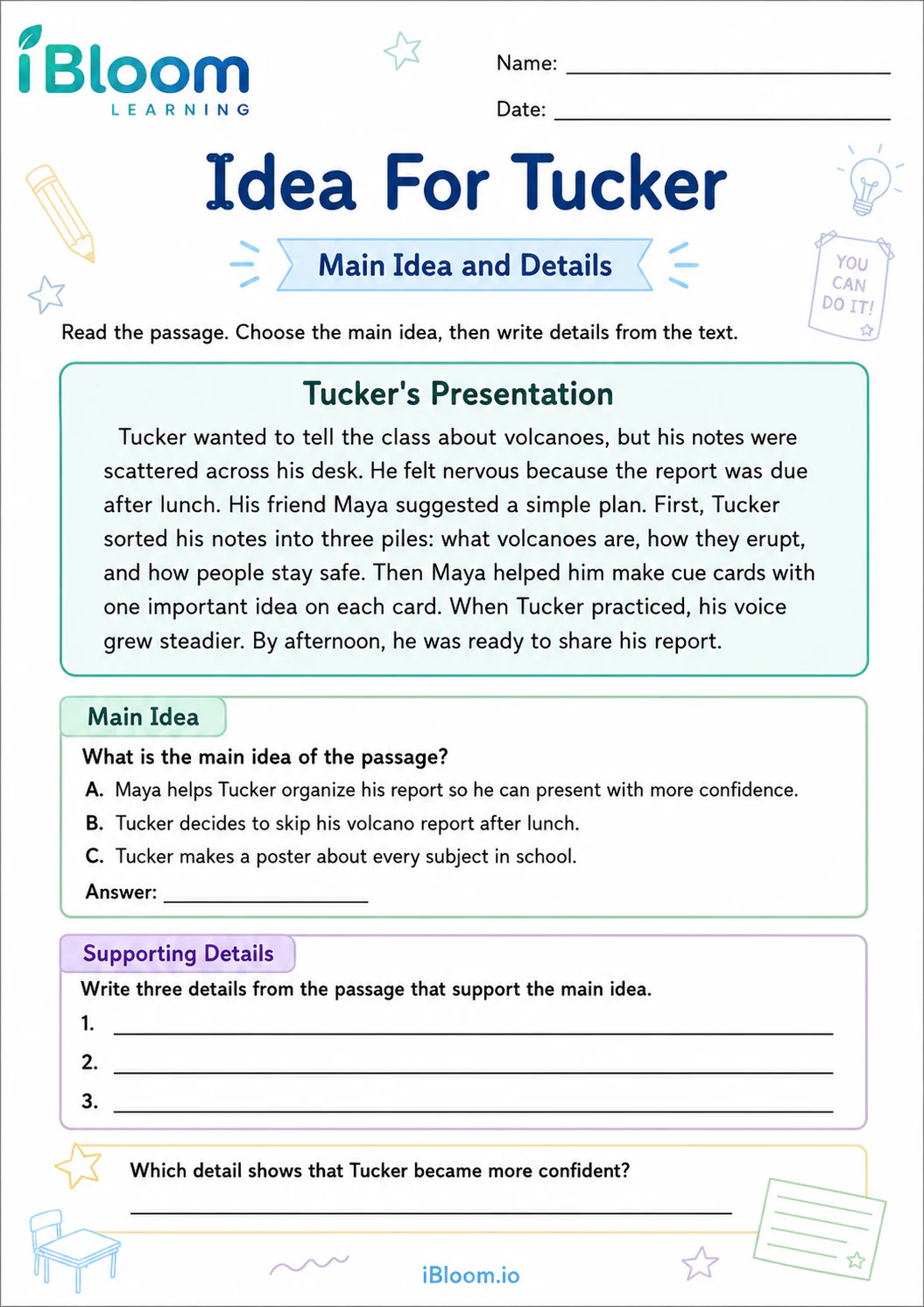 Preview page 1 of Idea For Tucker — Main Idea and Details
