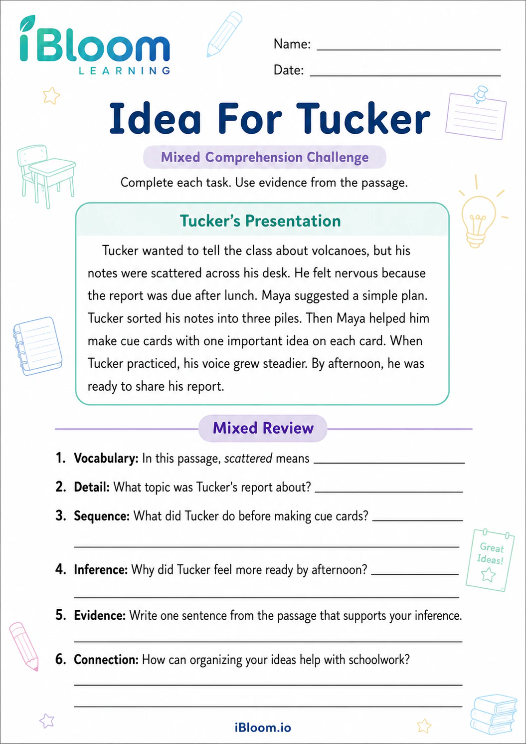 Preview page 1 of Idea For Tucker — Mixed Comprehension Challenge