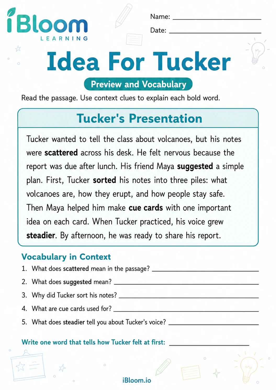 Preview page 1 of Idea For Tucker — Preview and Vocabulary