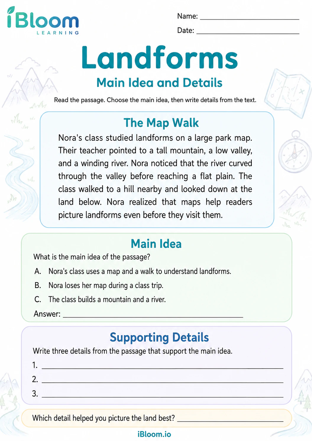 Preview page 1 of Landforms — Main Idea and Details