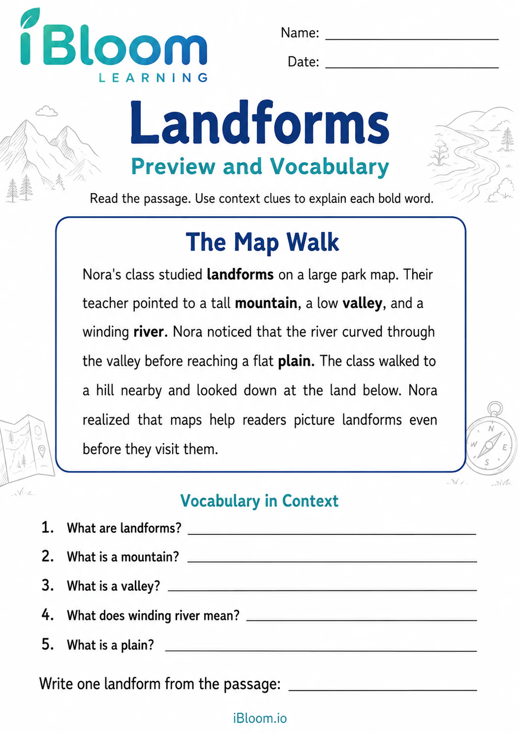 Preview page 1 of Landforms — Preview and Vocabulary