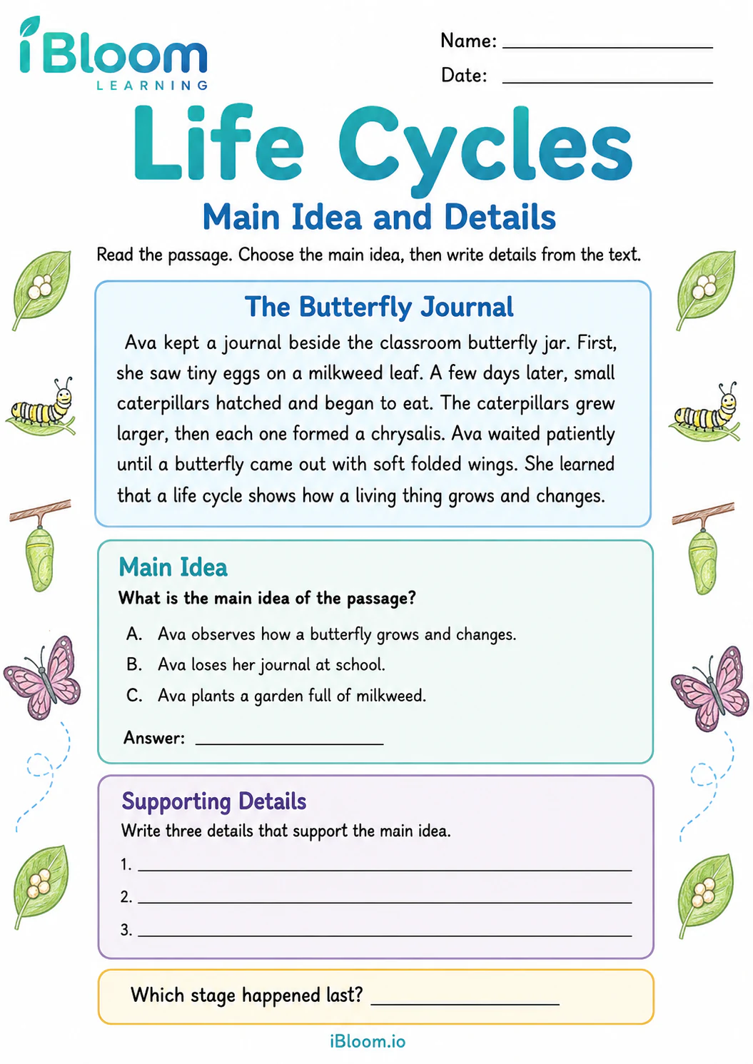 Preview page 1 of Life Cycles — Main Idea and Details