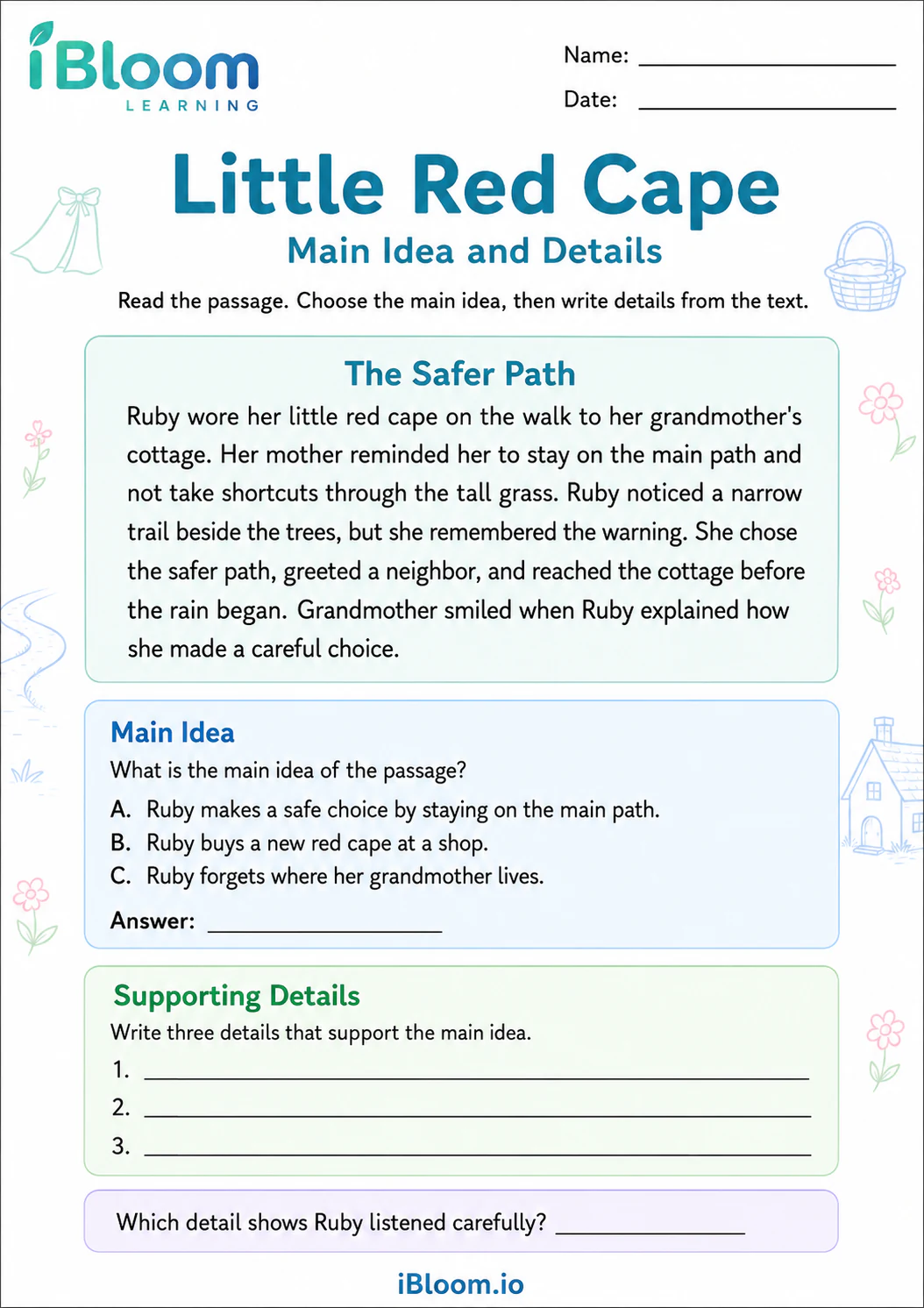 Preview page 1 of Little Red Cape — Main Idea and Details