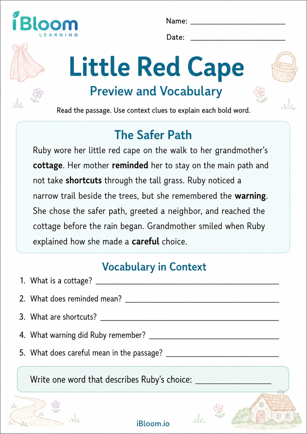 Preview page 1 of Little Red Cape — Preview and Vocabulary