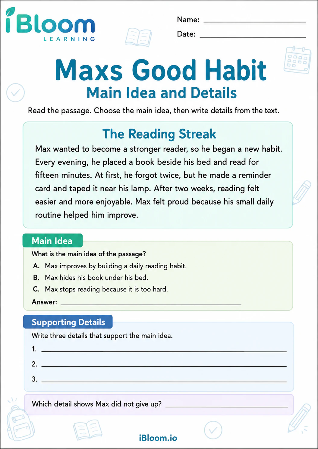 Preview page 1 of Maxs Good Habit — Main Idea and Details
