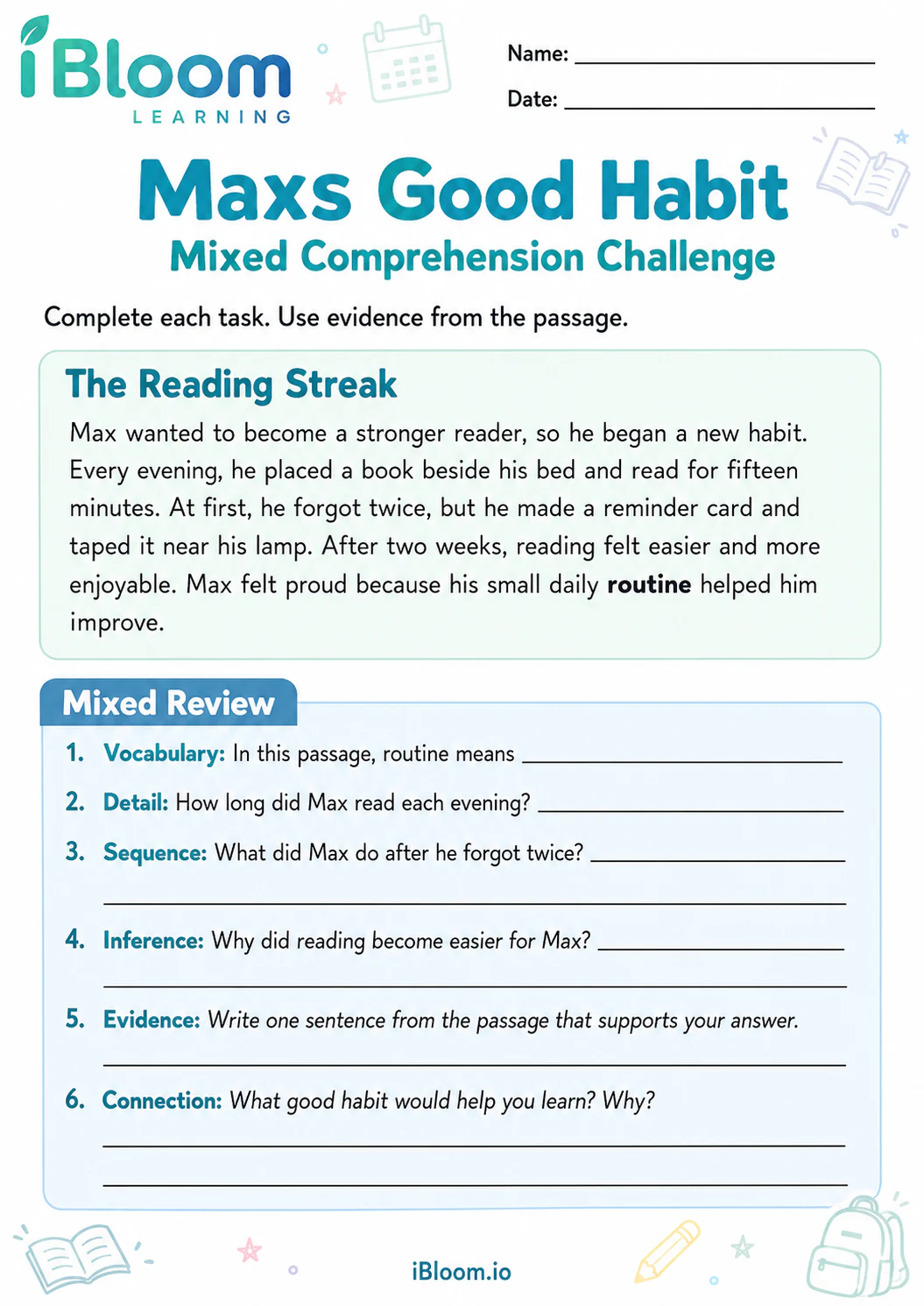 Preview page 1 of Maxs Good Habit — Mixed Comprehension Challenge