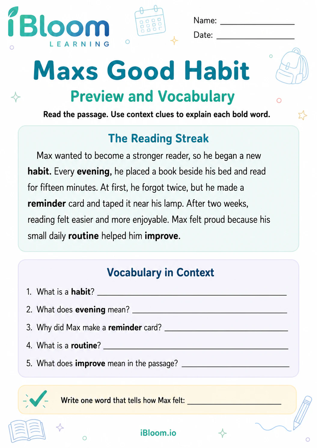 Preview page 1 of Maxs Good Habit — Preview and Vocabulary