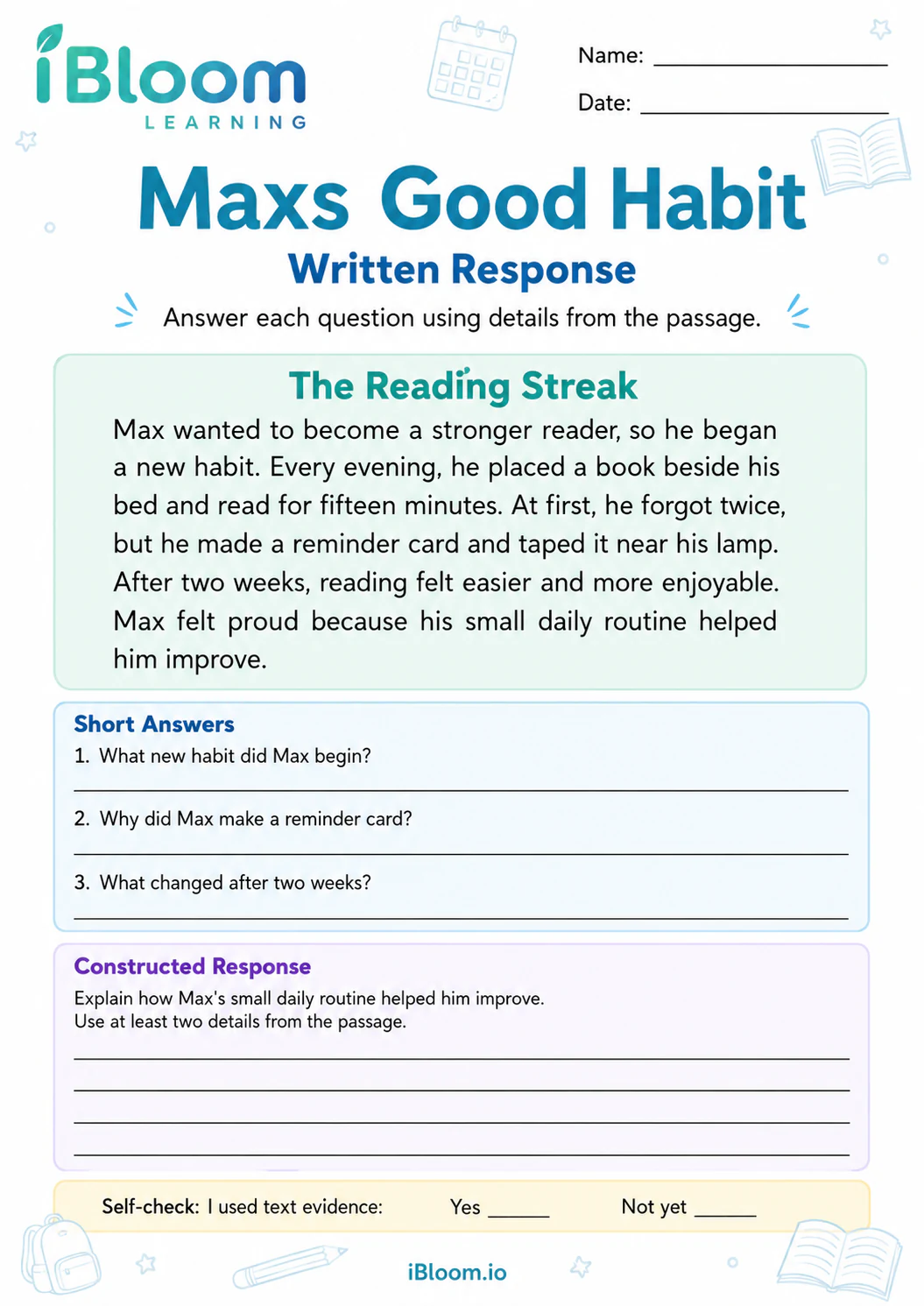 Preview page 1 of Maxs Good Habit — Written Response