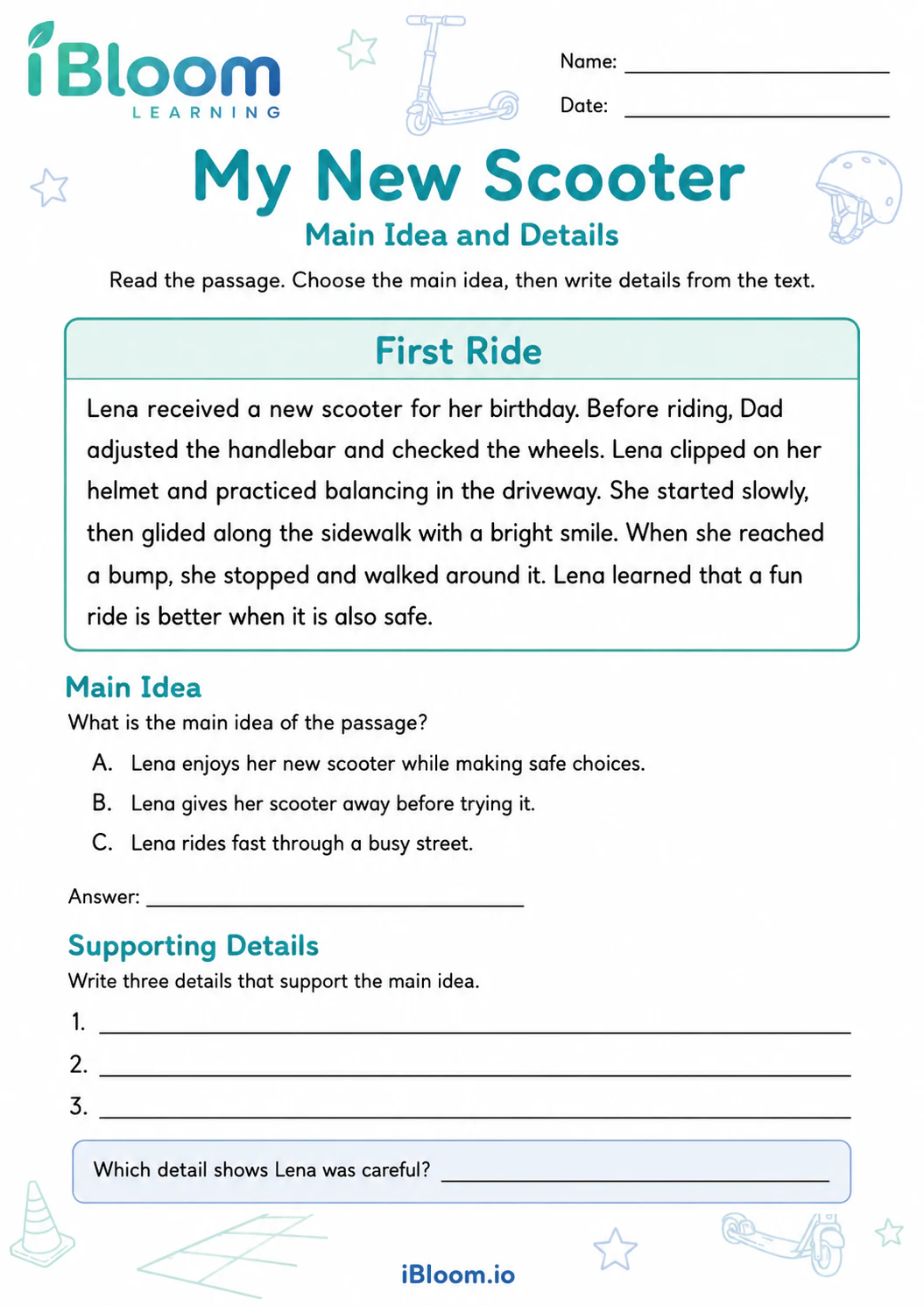 Preview page 1 of My New Scooter — Main Idea and Details