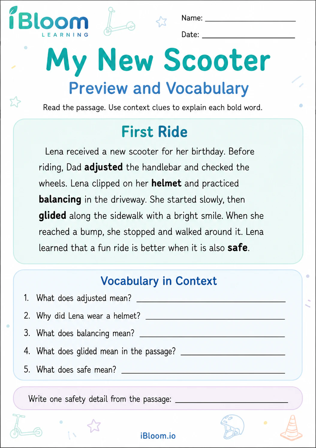 Preview page 1 of My New Scooter — Preview and Vocabulary