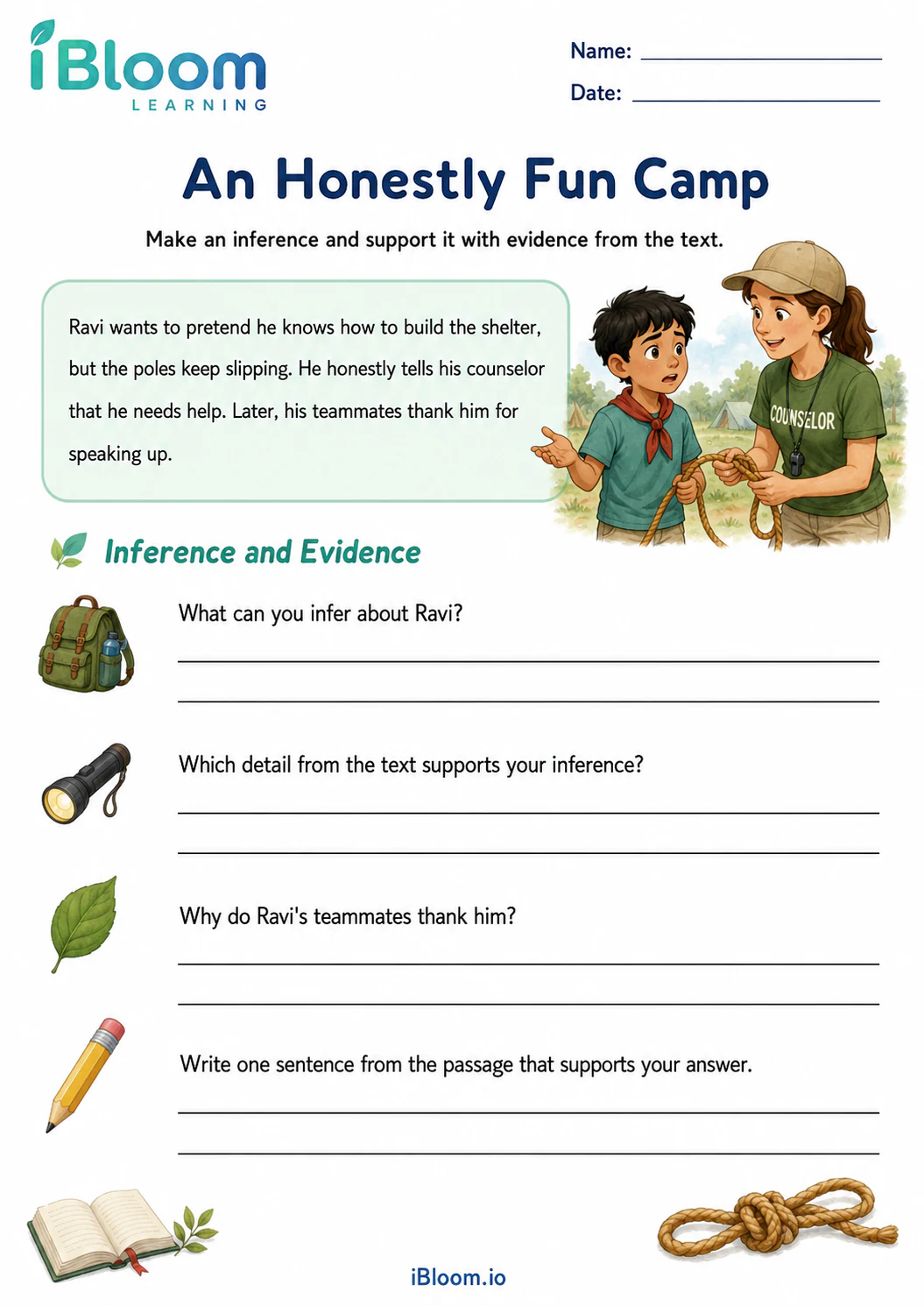 Preview of An Honestly Fun Camp — Inference and Evidence worksheet