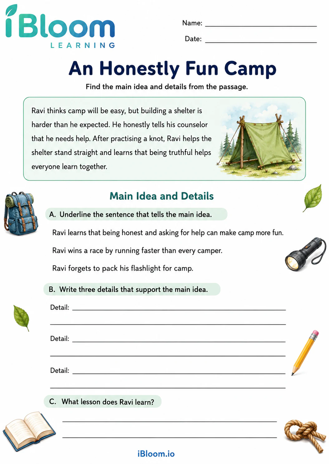Preview of An Honestly Fun Camp — Main Idea and Details worksheet