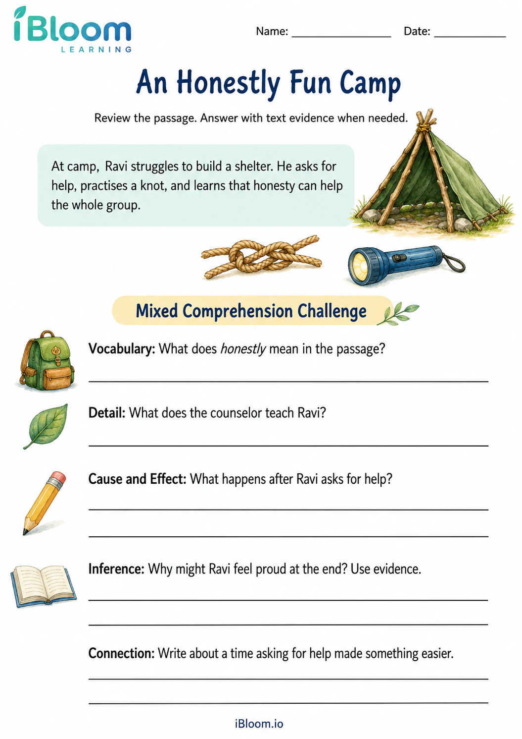 Preview of An Honestly Fun Camp — Mixed Comprehension Challenge worksheet