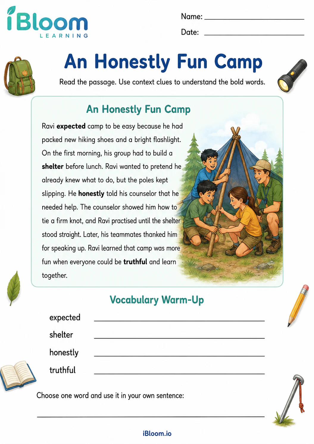 Preview page 1 of An Honestly Fun Camp — Preview and Vocabulary