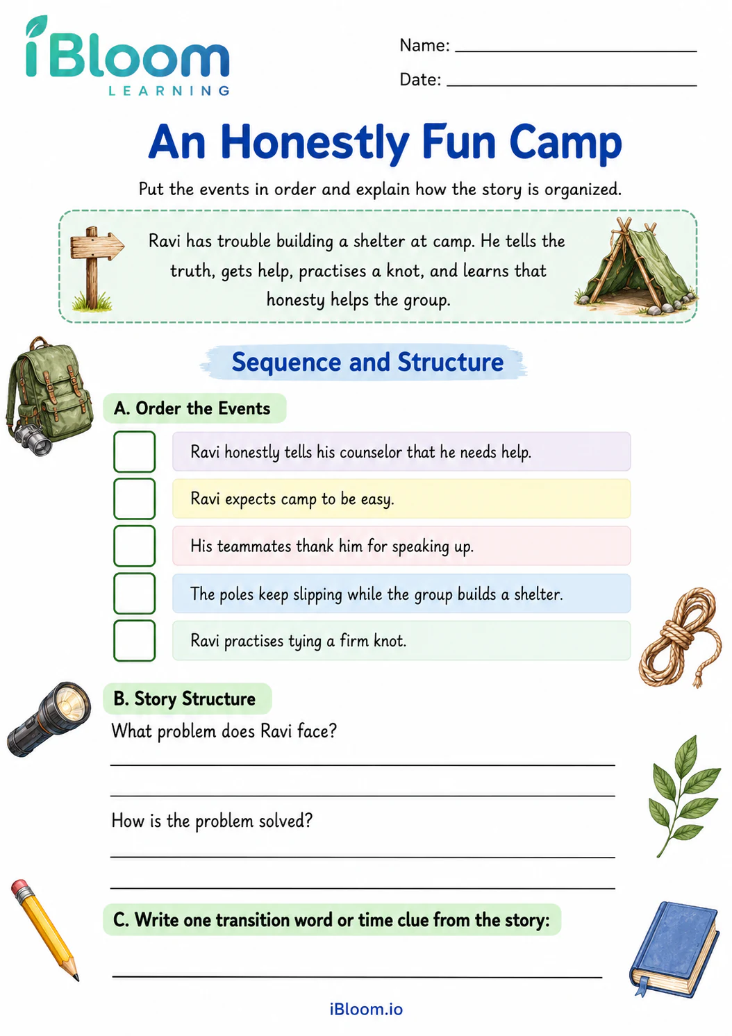 Preview of An Honestly Fun Camp — Sequence and Structure worksheet