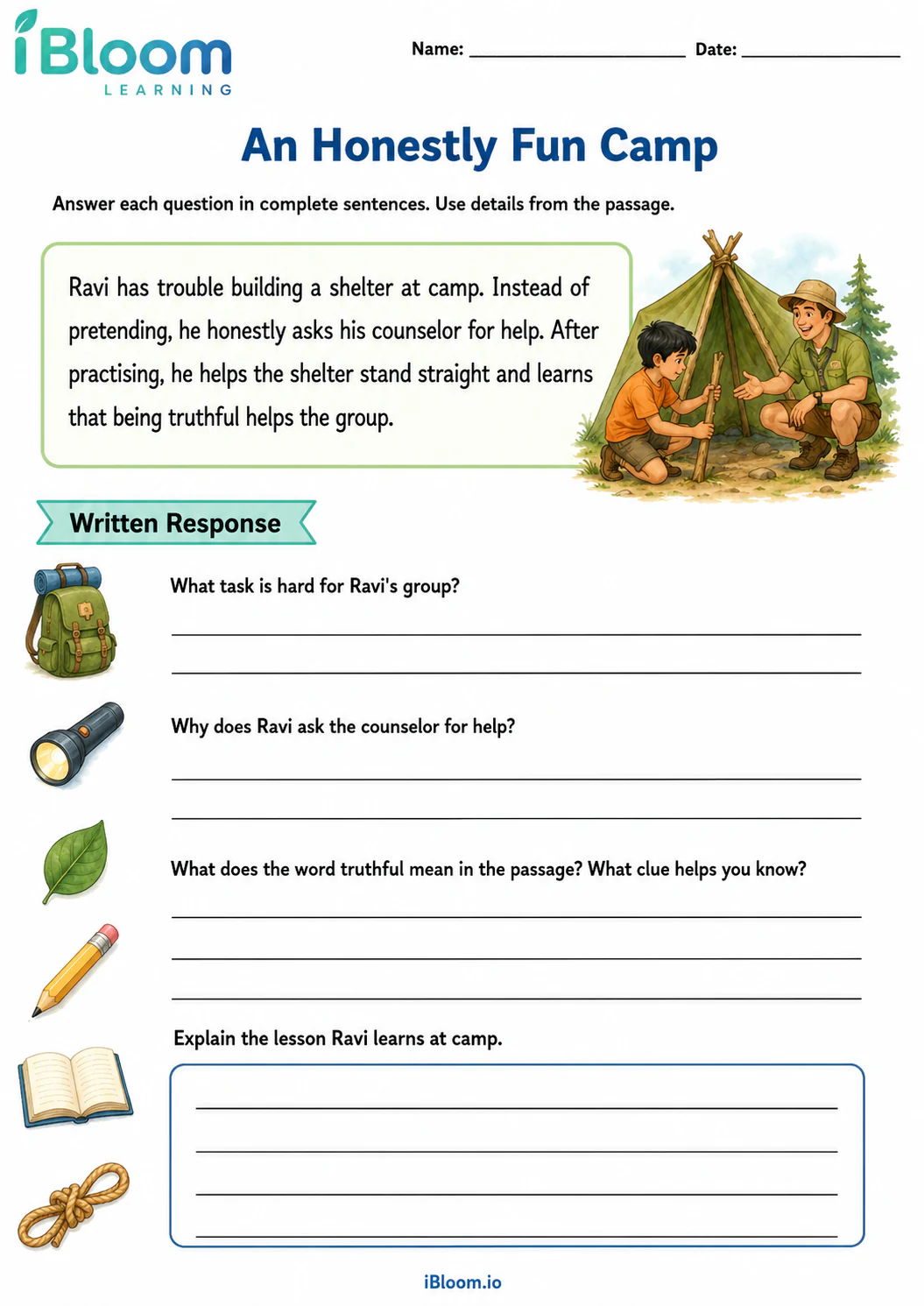 Preview of An Honestly Fun Camp — Written Response worksheet
