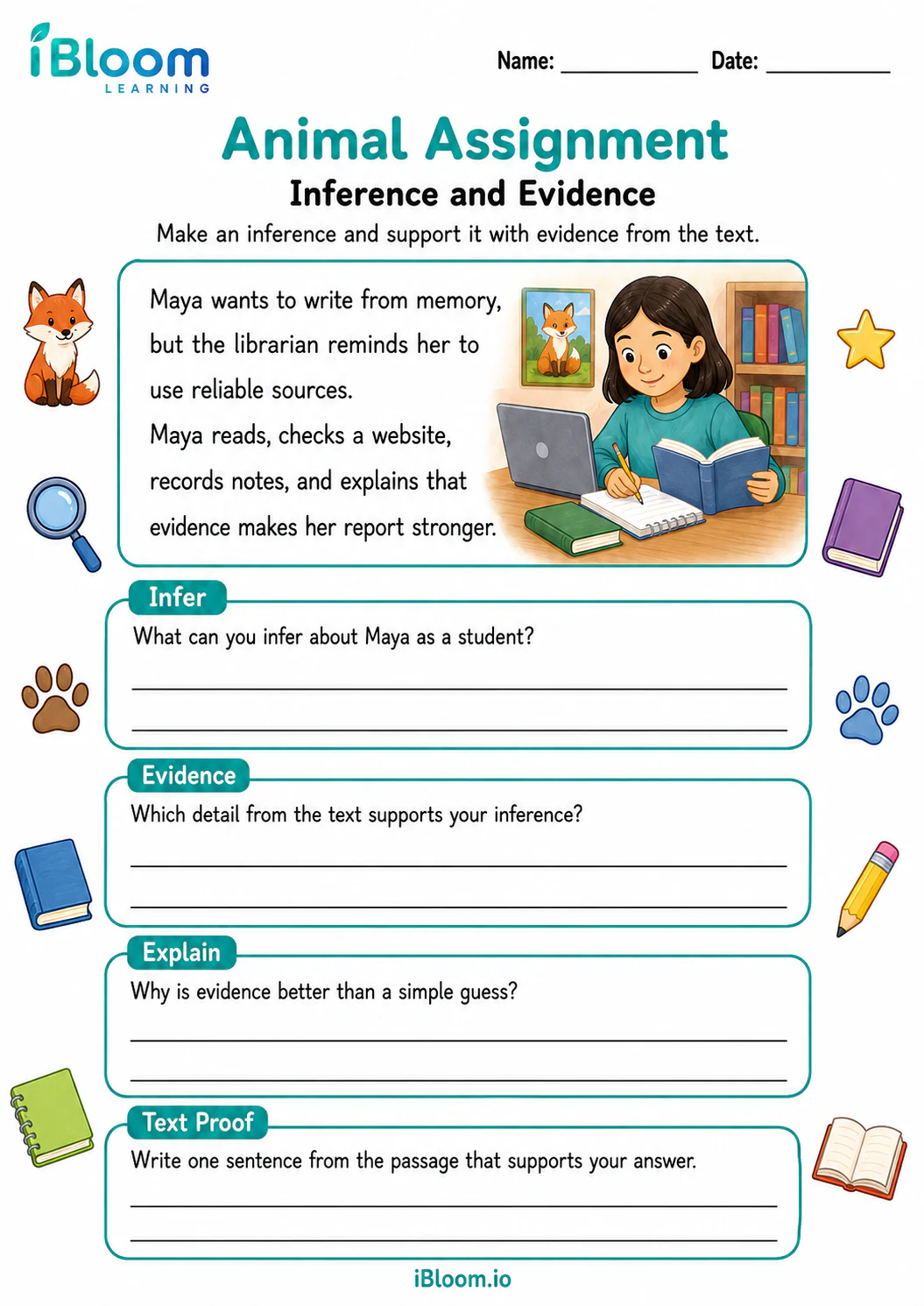 Preview of Animal Assignment — Inference and Evidence worksheet