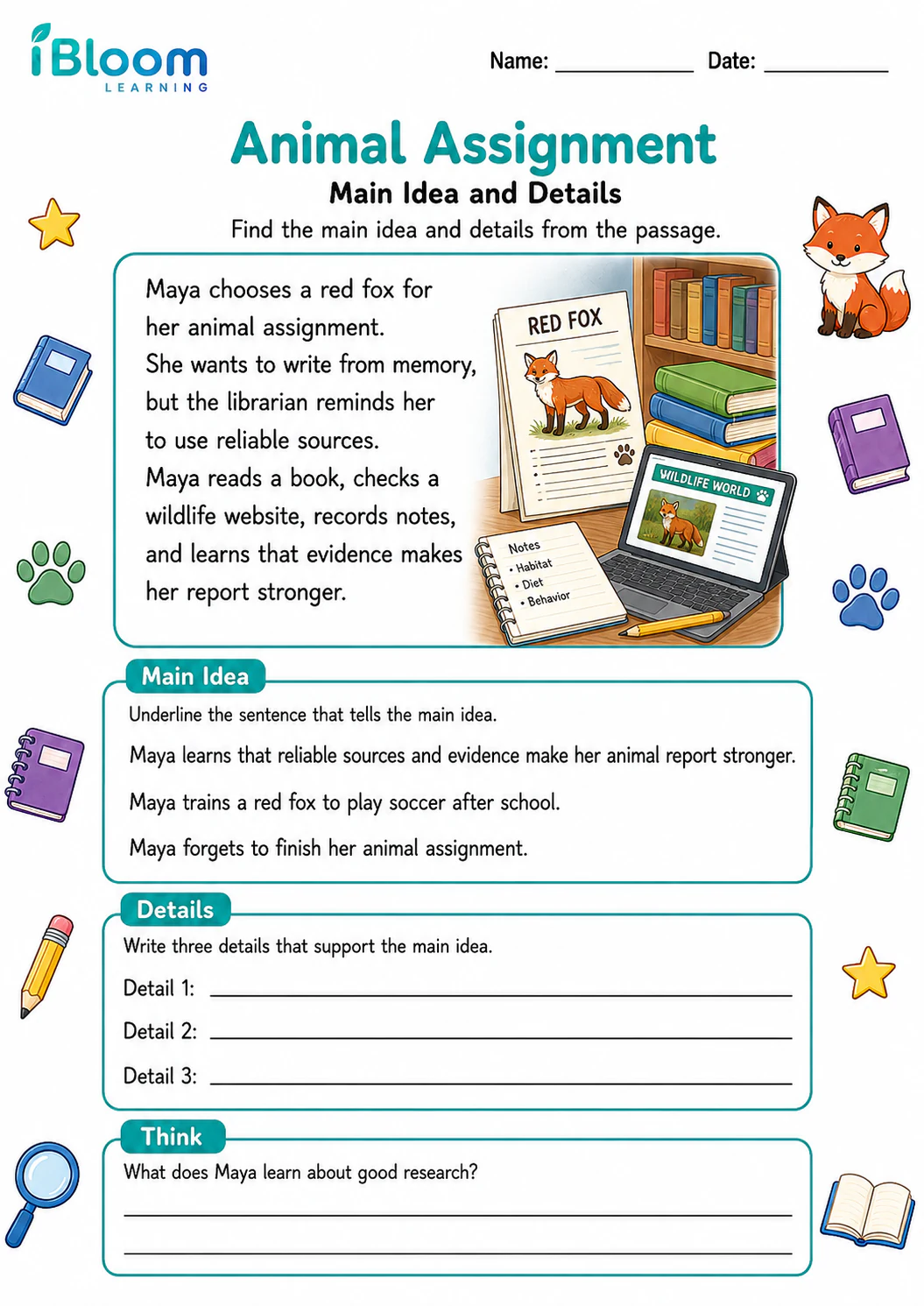 Preview of Animal Assignment — Main Idea and Details worksheet