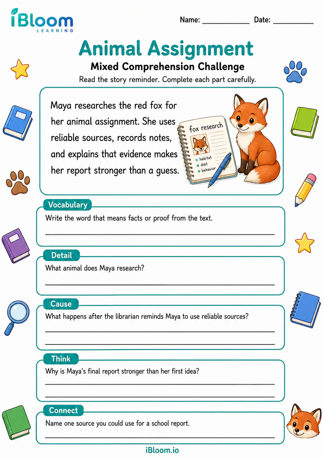 Preview of Animal Assignment — Mixed Comprehension Challenge worksheet
