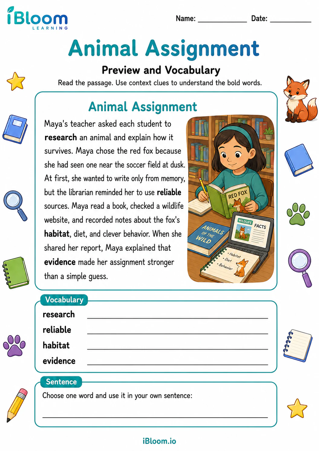 Preview page 1 of Animal Assignment — Preview and Vocabulary