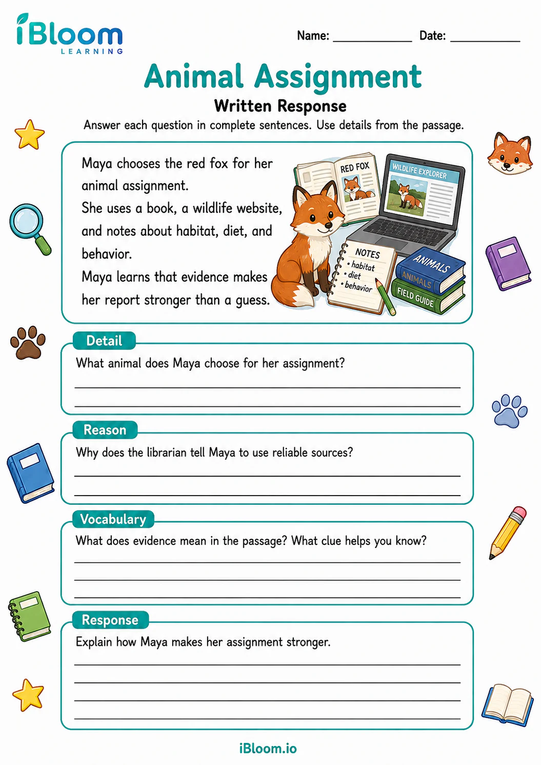Preview of Animal Assignment — Written Response worksheet