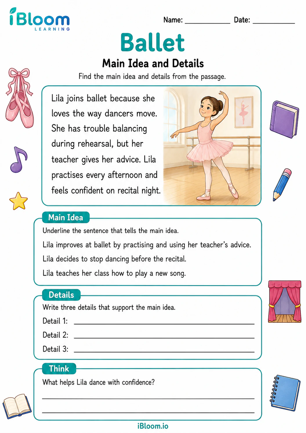 Preview of Ballet — Main Idea and Details worksheet