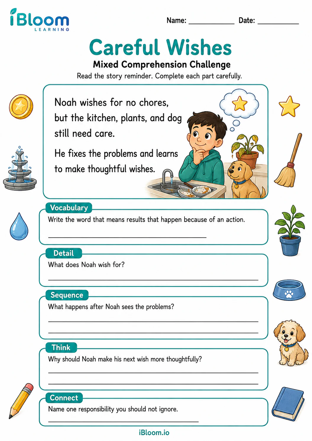 Preview of Careful Wishes — Mixed Comprehension Challenge worksheet