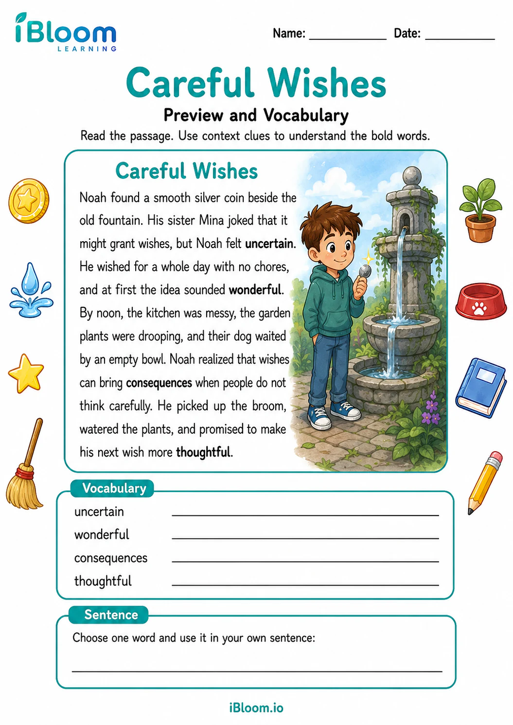Preview page 1 of Careful Wishes — Preview and Vocabulary
