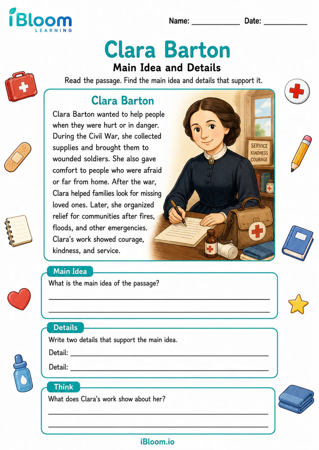 Preview of Clara Barton — Main Idea and Details worksheet