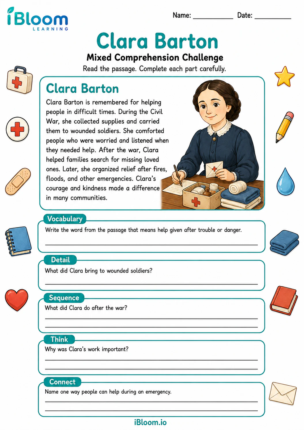 Preview of Clara Barton — Mixed Comprehension Challenge worksheet