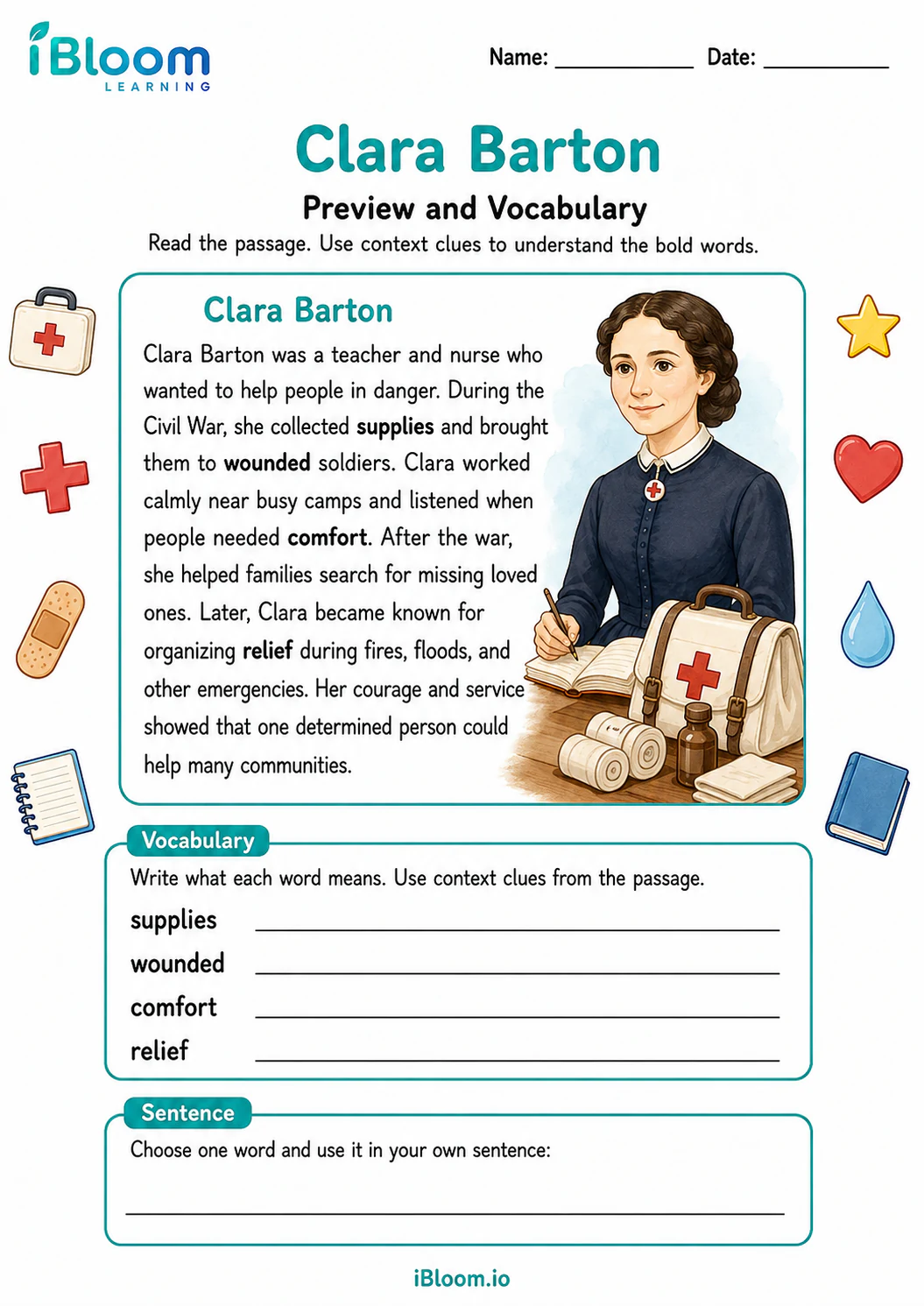 Preview page 1 of Clara Barton — Preview and Vocabulary