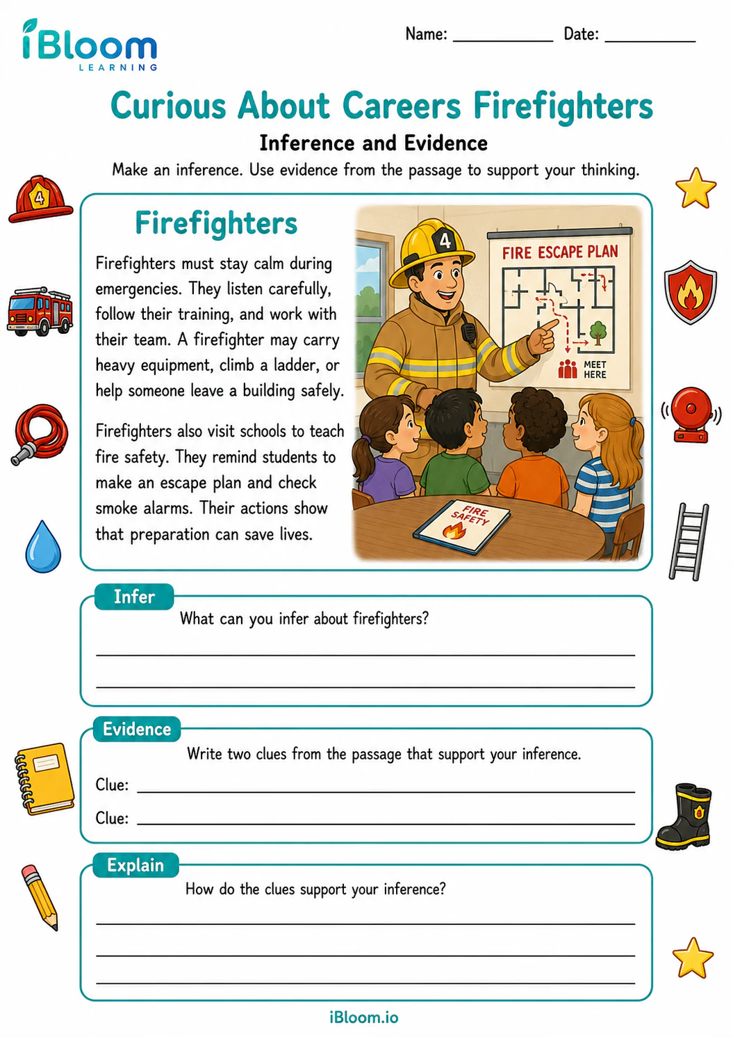 Preview of Curious About Careers Firefighters — Inference and Evidence worksheet