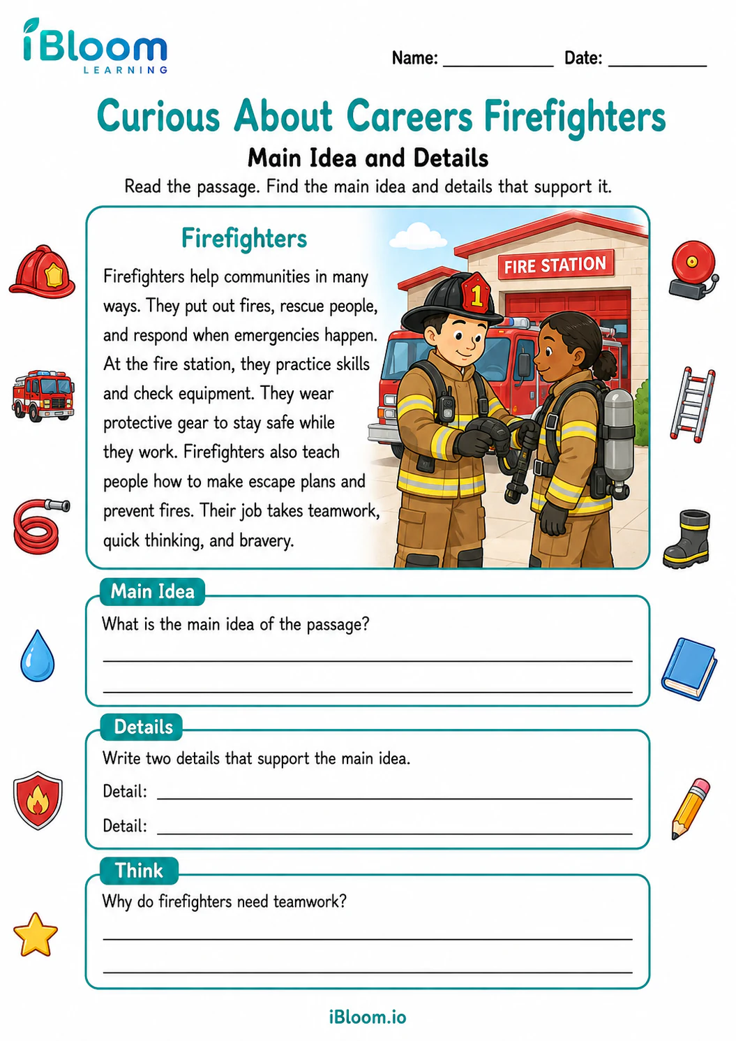 Preview of Curious About Careers Firefighters — Main Idea and Details worksheet