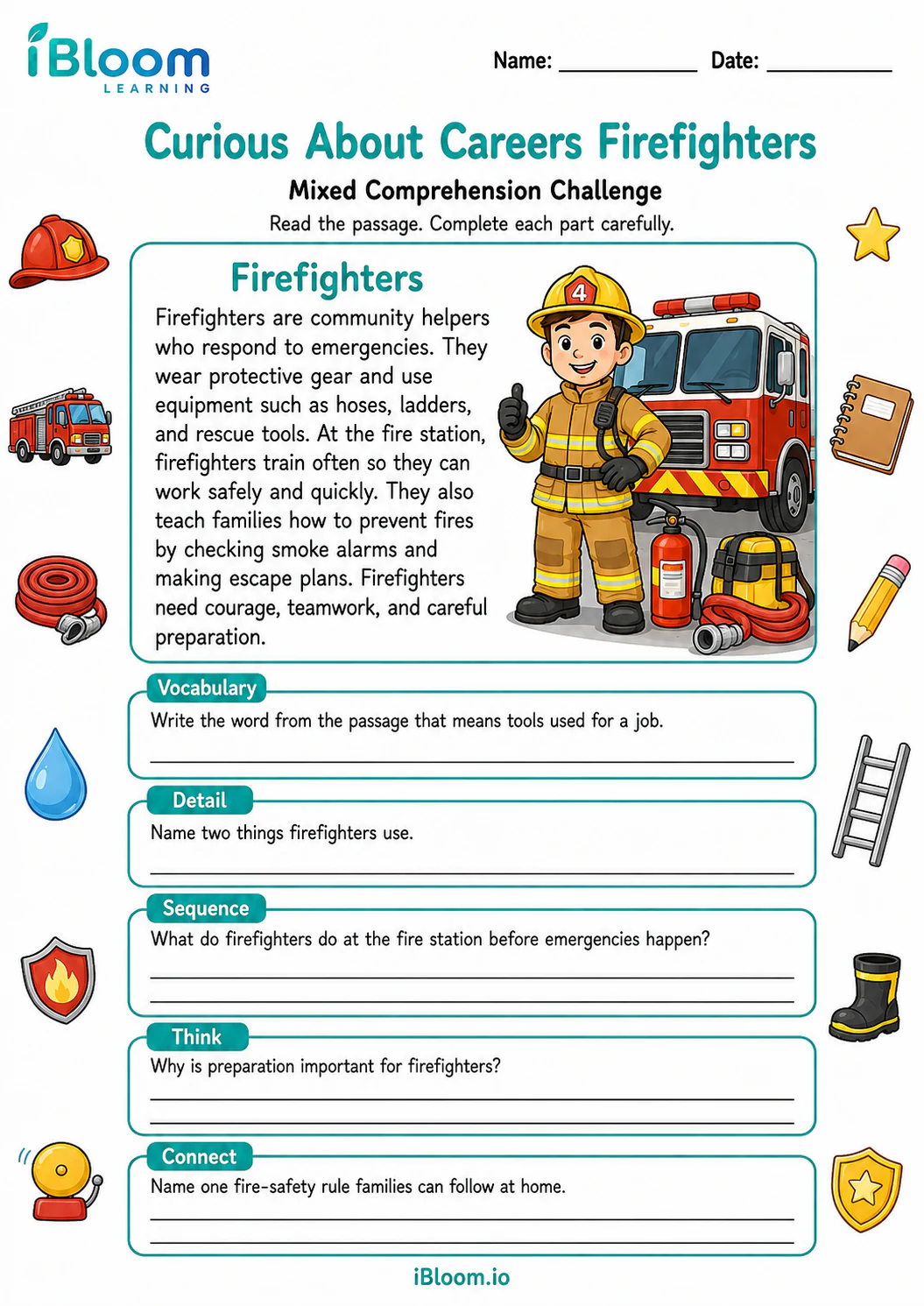 Preview of Curious About Careers Firefighters — Mixed Comprehension Challenge worksheet
