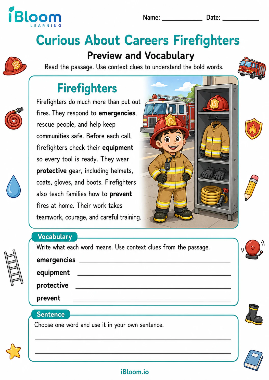 Preview page 1 of Curious About Careers Firefighters — Preview and Vocabulary