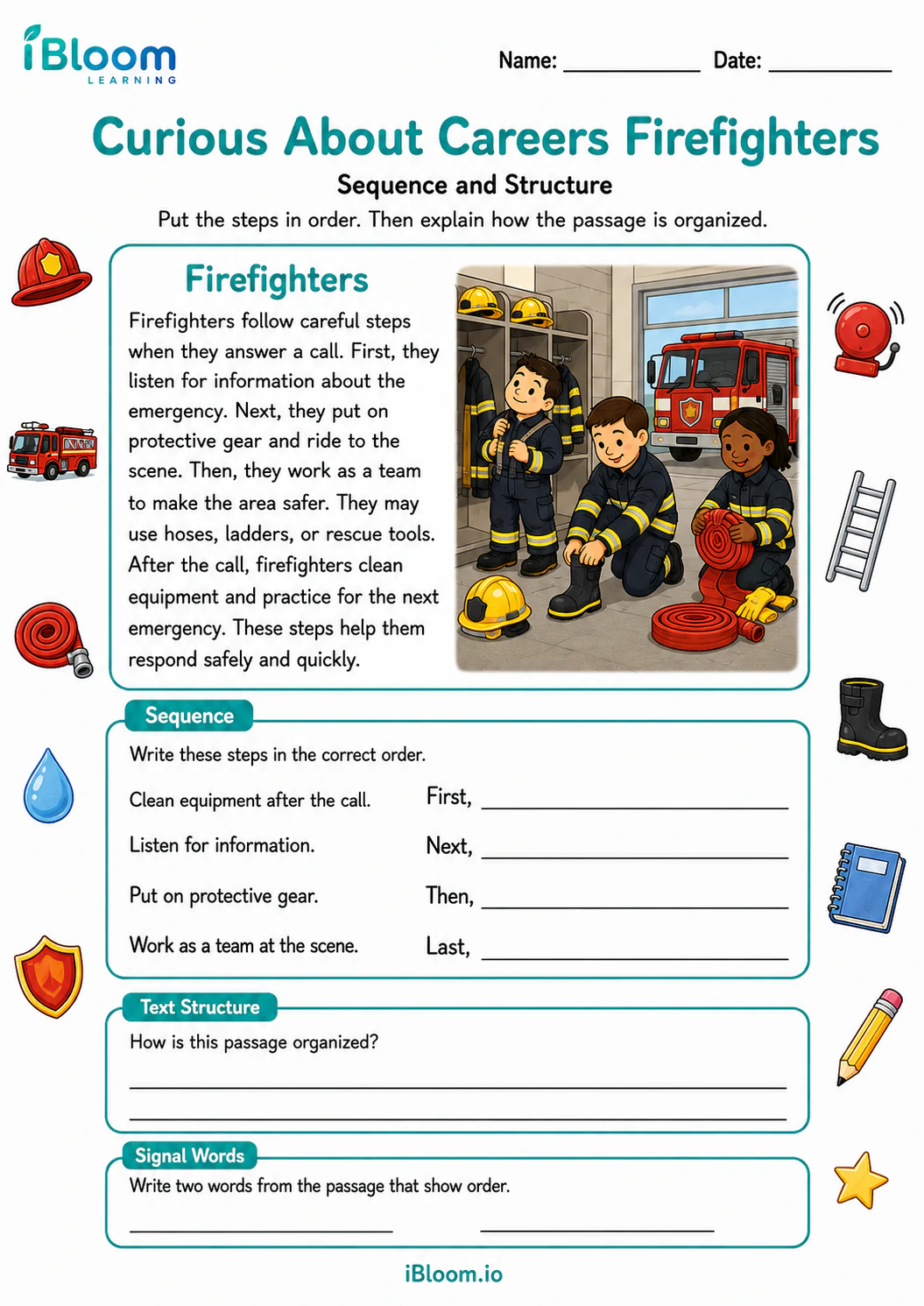 Preview of Curious About Careers Firefighters — Sequence and Structure worksheet