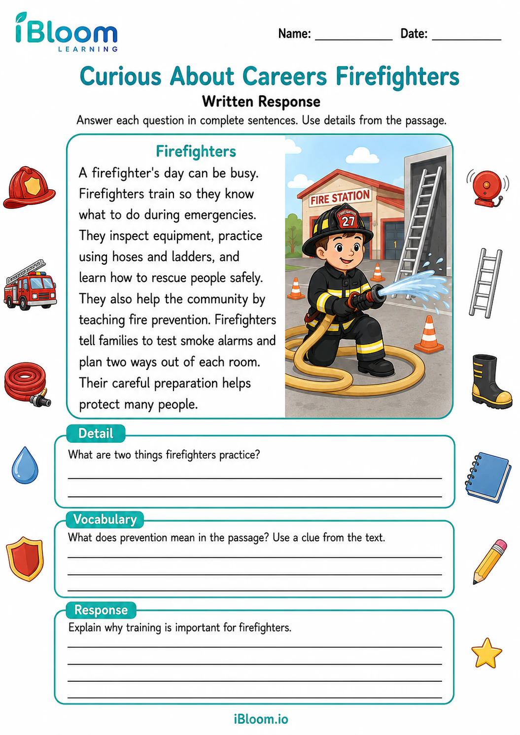 Preview of Curious About Careers Firefighters — Written Response worksheet