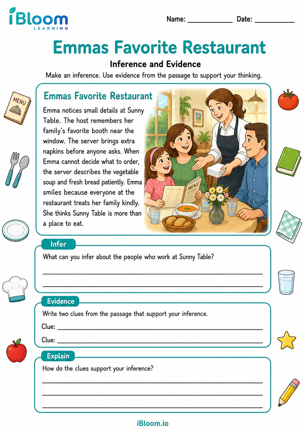 Preview of Emmas Favorite Restaurant — Inference and Evidence worksheet