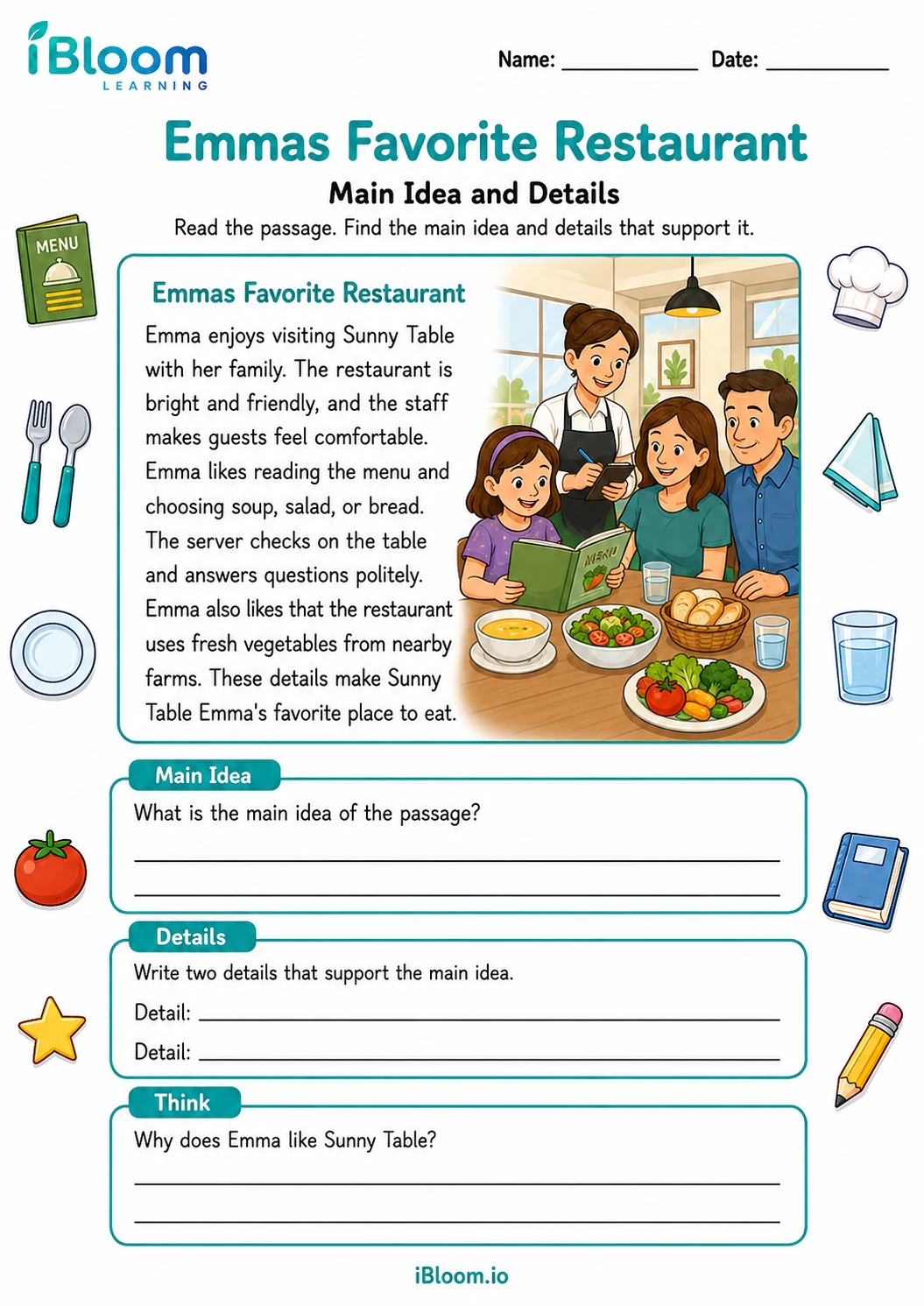 Preview of Emmas Favorite Restaurant — Main Idea and Details worksheet
