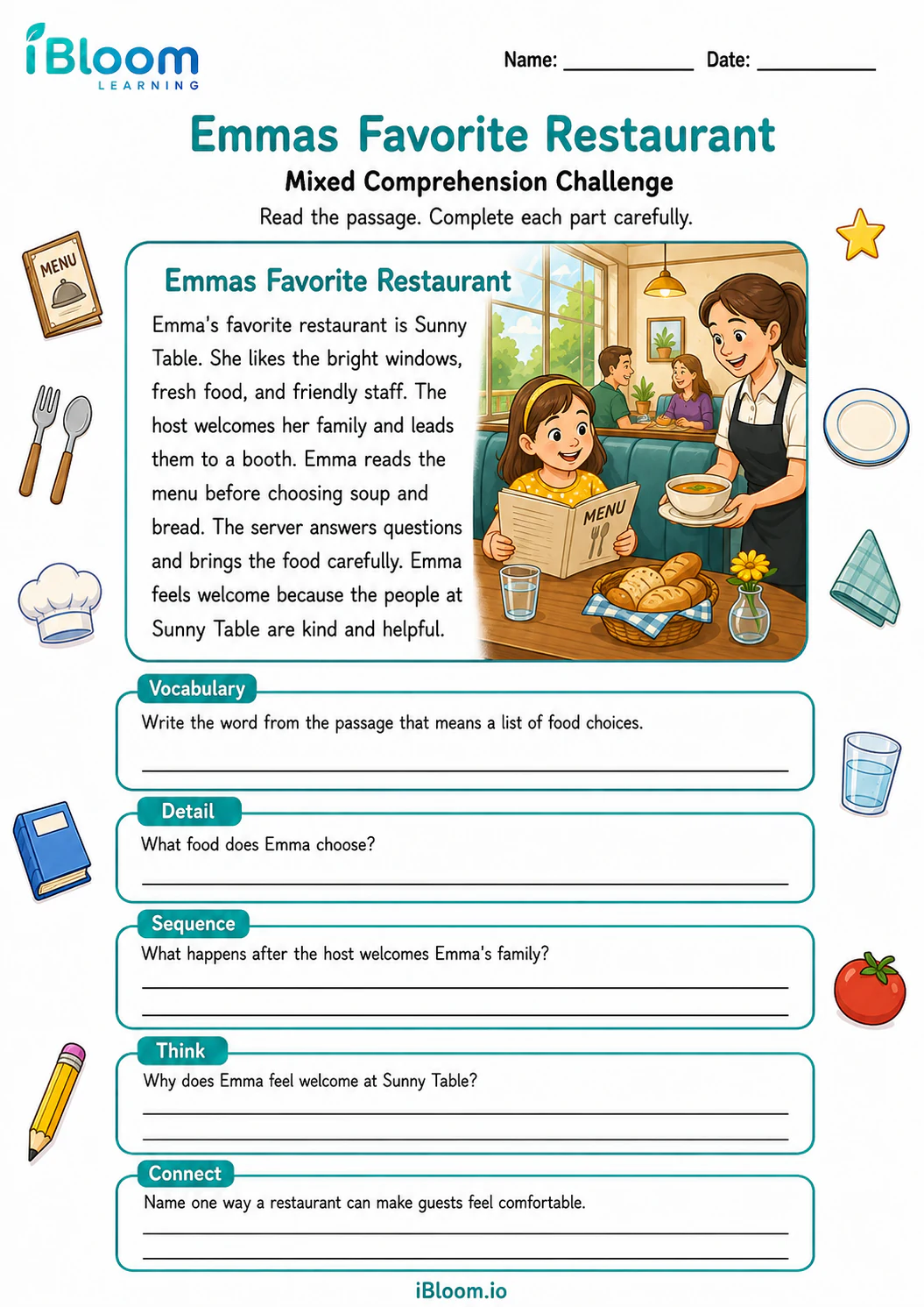 Preview of Emmas Favorite Restaurant — Mixed Comprehension Challenge worksheet